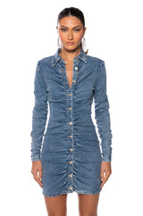 FLEX FIT RUCHED BUTTON DOWN LONG SLEEVE MINI DRESS
