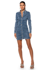 FLEX FIT RUCHED BUTTON DOWN LONG SLEEVE MINI DRESS