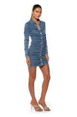 FLEX FIT RUCHED BUTTON DOWN LONG SLEEVE MINI DRESS