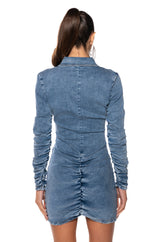FLEX FIT RUCHED BUTTON DOWN LONG SLEEVE MINI DRESS