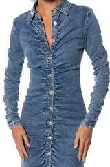 FLEX FIT RUCHED BUTTON DOWN LONG SLEEVE MINI DRESS