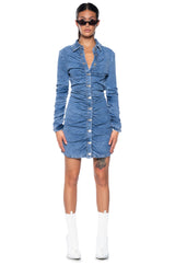 FLEX FIT RUCHED BUTTON DOWN LONG SLEEVE MINI DRESS