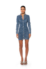 FLEX FIT RUCHED BUTTON DOWN LONG SLEEVE MINI DRESS