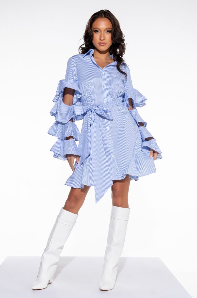 CUT OUT STRIPE POPLIN SHIRT DRESS