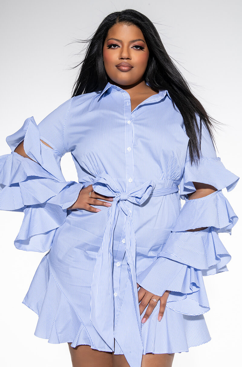CUT OUT STRIPE POPLIN SHIRT DRESS