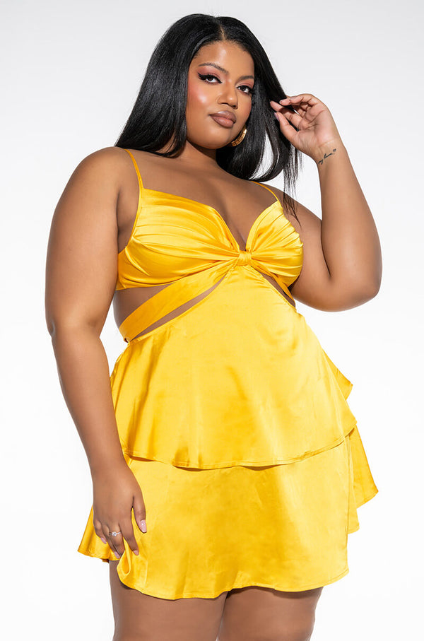 FLIRTY TIE FRONT SATIN MINI DRESS