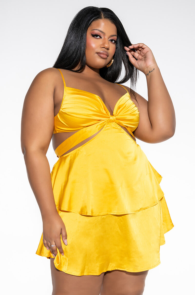 FLIRTY TIE FRONT SATIN MINI DRESS