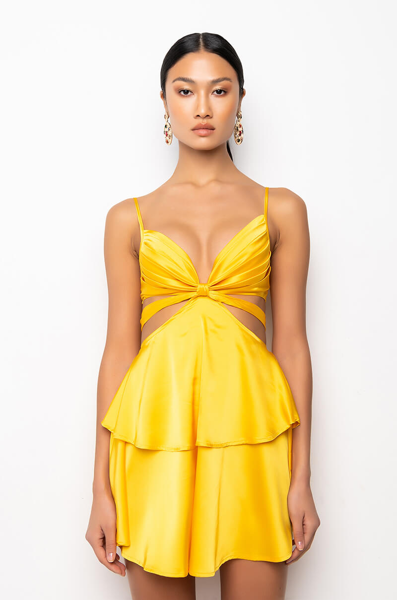 FLIRTY TIE FRONT SATIN MINI DRESS