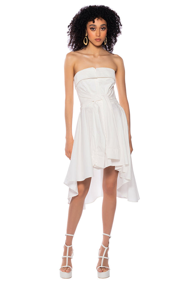FLORA STRAPLESS TIE WAIST POPLIN MINI DRESS