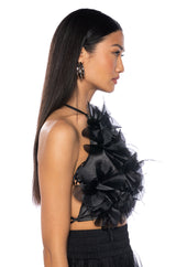 FLORAL APPLIQUE SLEEVELESS CROP BLOUSE IN BLACK