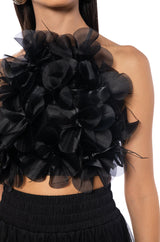 FLORAL APPLIQUE SLEEVELESS CROP BLOUSE IN BLACK
