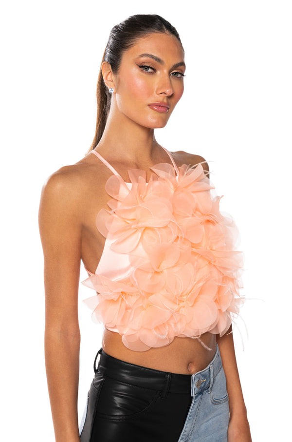 FLORAL APPLIQUE SLEEVELESS CROP BLOUSE IN BLUSH