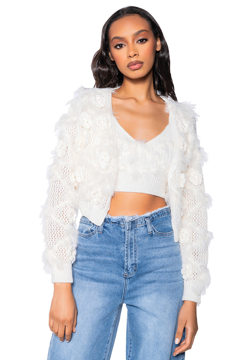 FLORAL DETAIL CARDIGAN AND BRALETTE SET IN WHITE