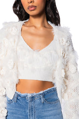 FLORAL DETAIL CARDIGAN AND BRALETTE SET IN WHITE