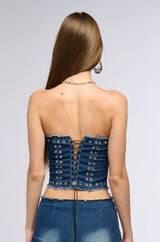 FLY AWAY DENIM CORSET TOP IN DARK BLUE DENIM