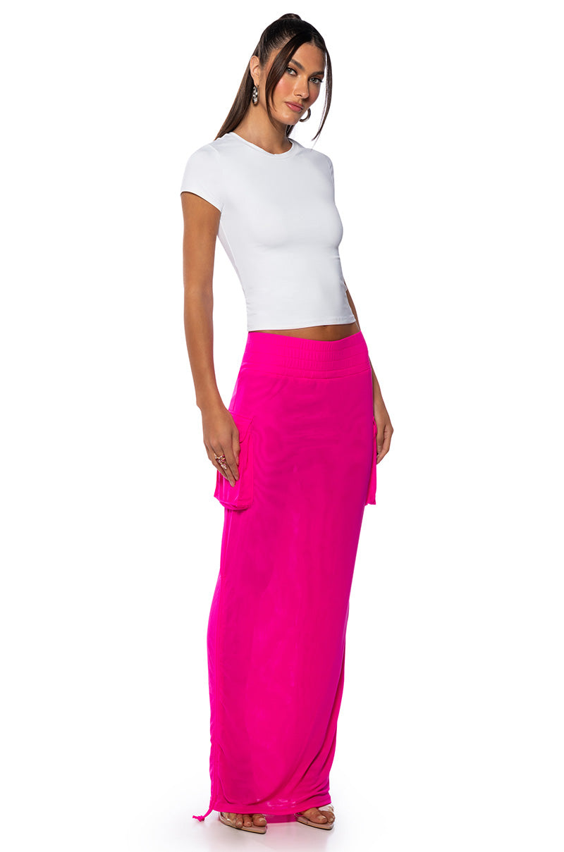FOLLOW ME ADJUSTABLE DOUBLE MESH CARGO SKIRT IN PINK