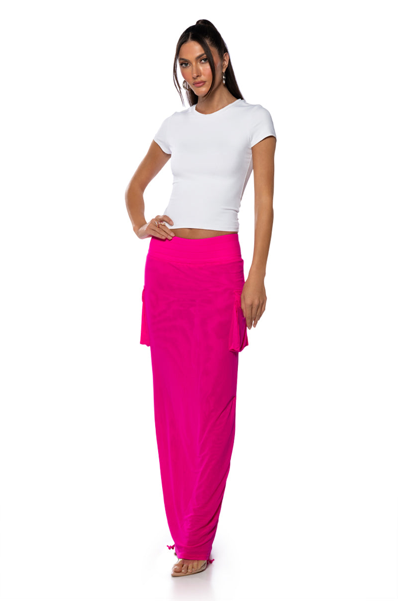 FOLLOW ME ADJUSTABLE DOUBLE MESH CARGO SKIRT IN PINK