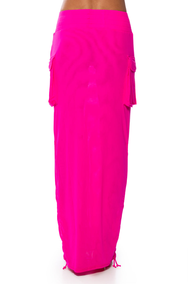 FOLLOW ME ADJUSTABLE DOUBLE MESH CARGO SKIRT IN PINK