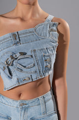 KENLY BUCKLE DETAIL DENIM CROP TOP