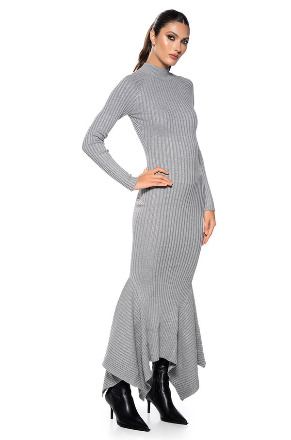 FORGET ME NOT LONG SLEEVE MOCK NECK MAXI DRESS IN HEATHER GREY