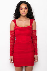 FORGIVE ME OFF THE SHOULDER RUCHED MIDI DRESS