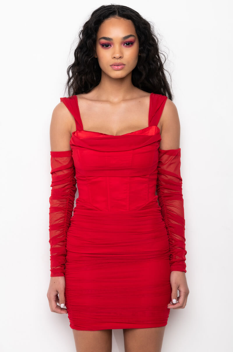 FORGIVE ME OFF THE SHOULDER RUCHED MIDI DRESS