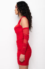 FORGIVE ME OFF THE SHOULDER RUCHED MIDI DRESS