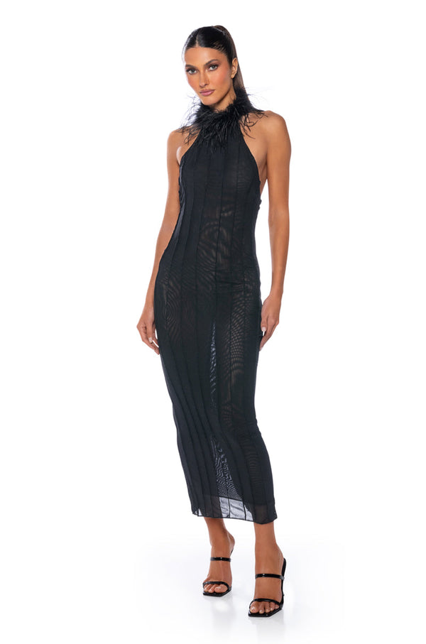FORTUNA FEATHER HALTERNECK MESH MIDI DRESS
