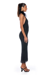 FORTUNA FEATHER HALTERNECK MESH MIDI DRESS