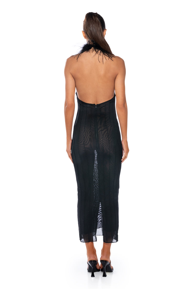FORTUNA FEATHER HALTERNECK MESH MIDI DRESS