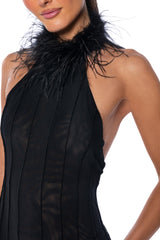 FORTUNA FEATHER HALTERNECK MESH MIDI DRESS