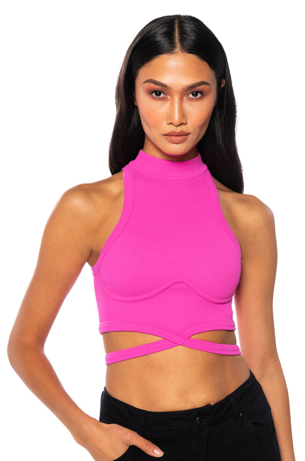 SLEEVELESS MOCK NECK TIE FRONT TOP