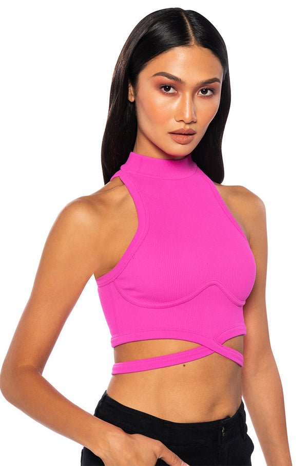 SLEEVELESS MOCK NECK TIE FRONT TOP