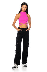 SLEEVELESS MOCK NECK TIE FRONT TOP