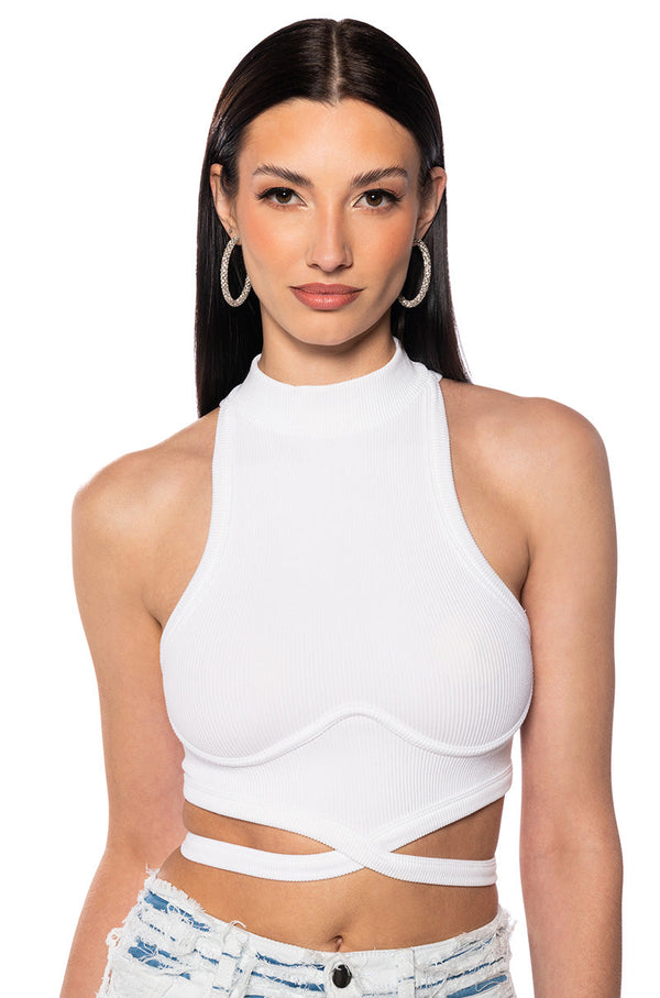 SLEEVELESS MOCK NECK TIE FRONT TOP