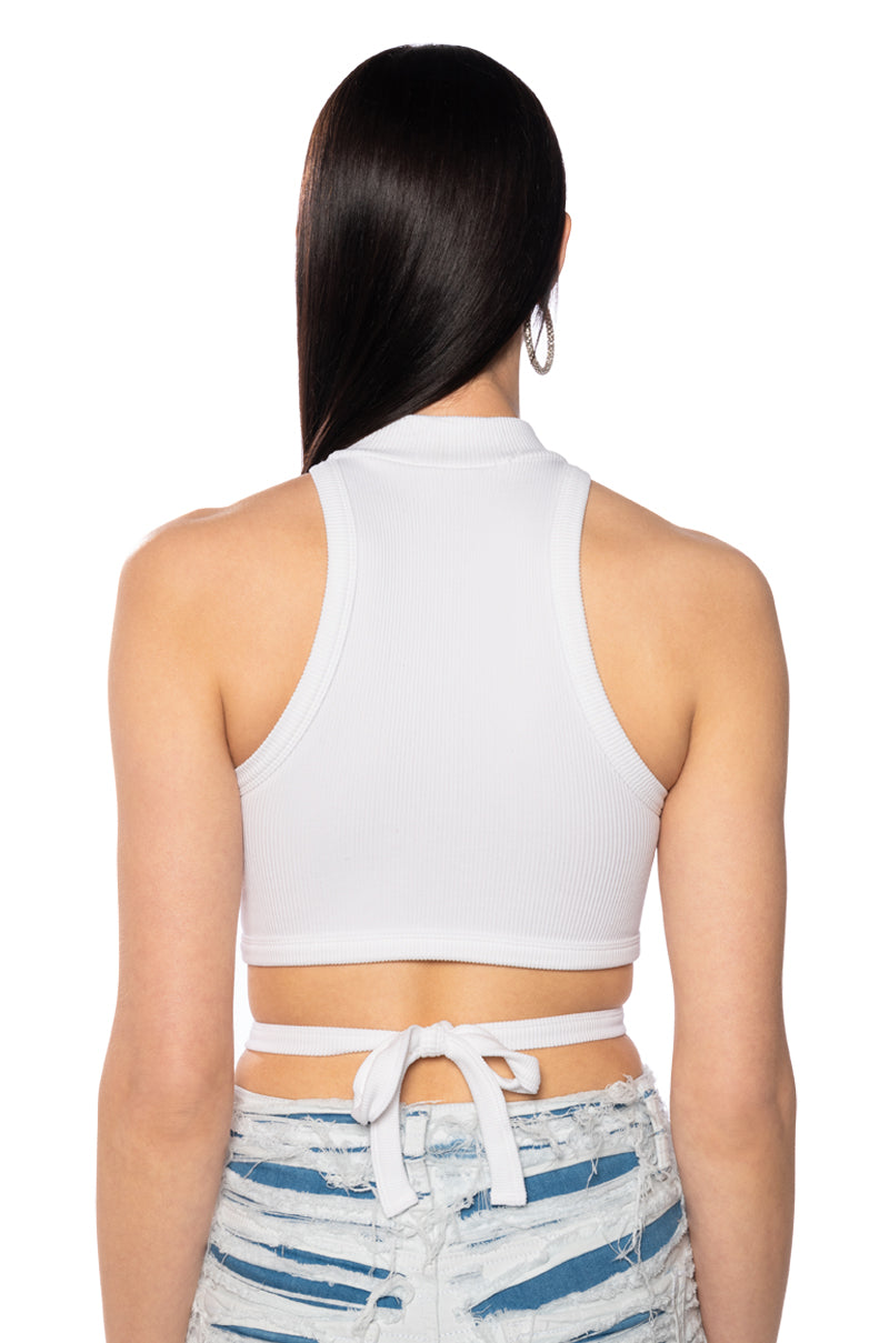 SLEEVELESS MOCK NECK TIE FRONT TOP
