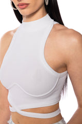 SLEEVELESS MOCK NECK TIE FRONT TOP