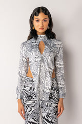 FRONT PAGE NEWS OPEN BACK LONG SLEEVE MOCK NECK SATIN BLOUSE