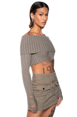 GALE OFF THE SHOULDER DISTRESSED SWEATER