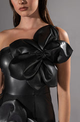 GEMMA FLORAL DETAIL FAUX LEATHER ONE SHOULDER MINI DRESS