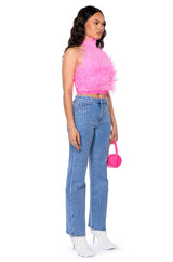 GENUINE OSTRICH FEATHER SLEEVELESS CROPPED HALTER BLOUSE