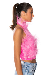 GENUINE OSTRICH FEATHER SLEEVELESS CROPPED HALTER BLOUSE