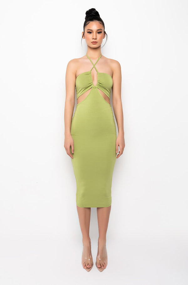 GET RIGHT MIDI HALTER TOP DRESS