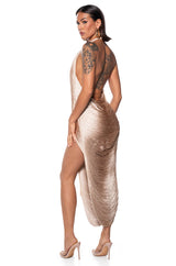 GIANINA FRINGED COWL NECK MAXI DRESS IN BEIGE