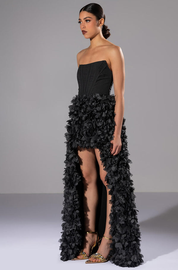 GIRL ON FIRE CASCADING HIGH LOW TUBE DRESS