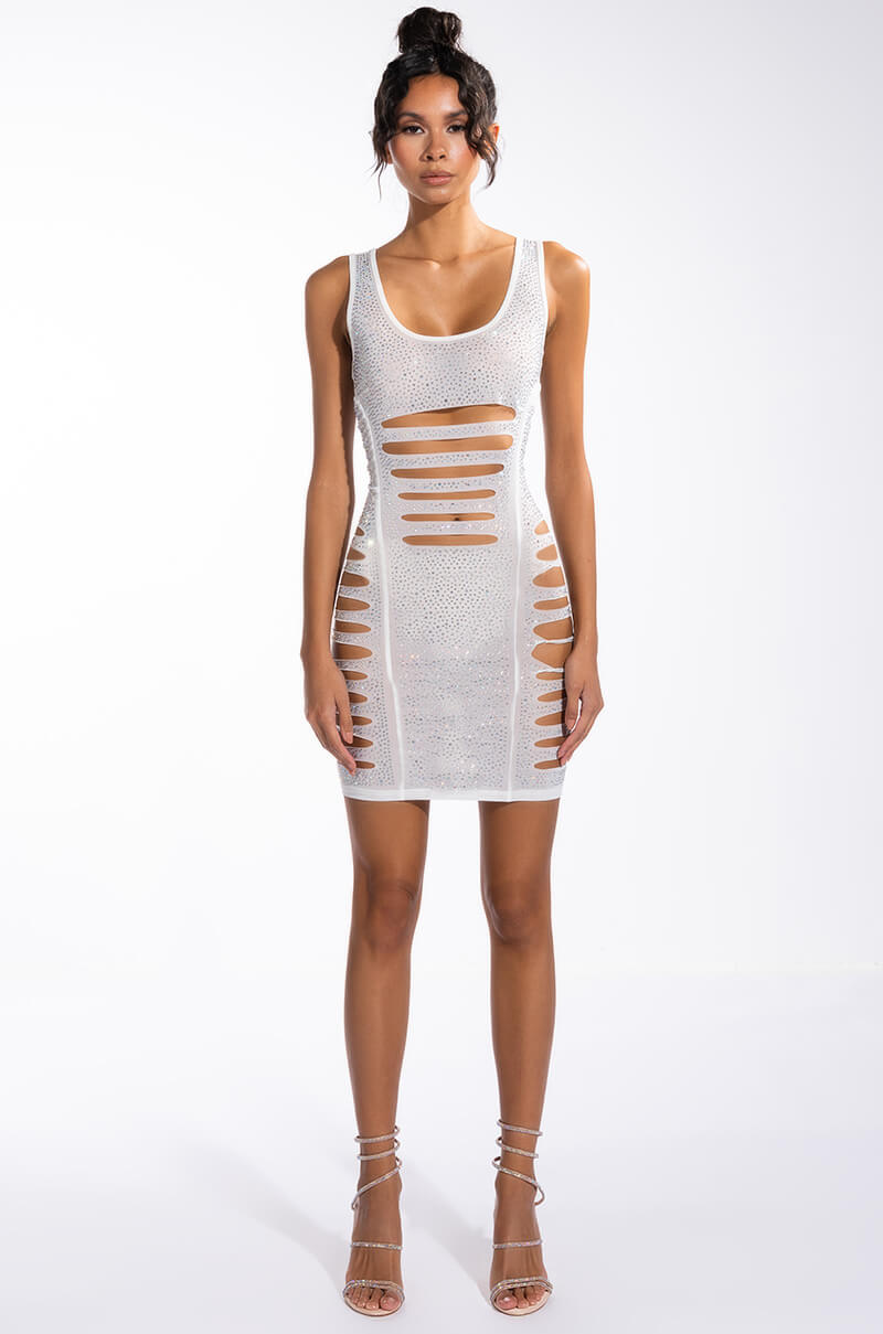 GIRLS JUST WANT TO HAVE FUN MINI RHINESTONE DRESS
