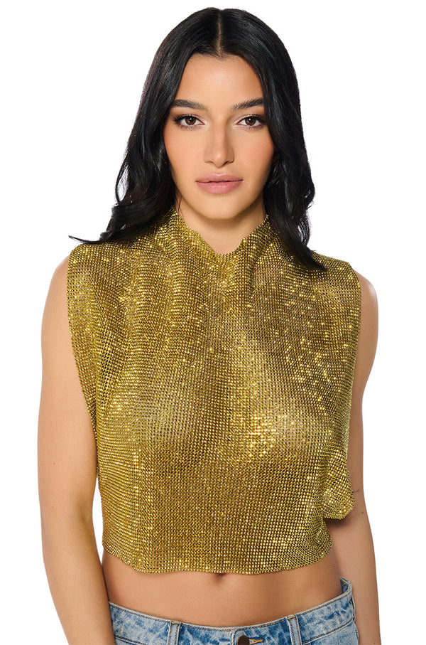 GLISTEN OPEN BACK RHINESTONE CHAIN MAIL TOP IN GOLD