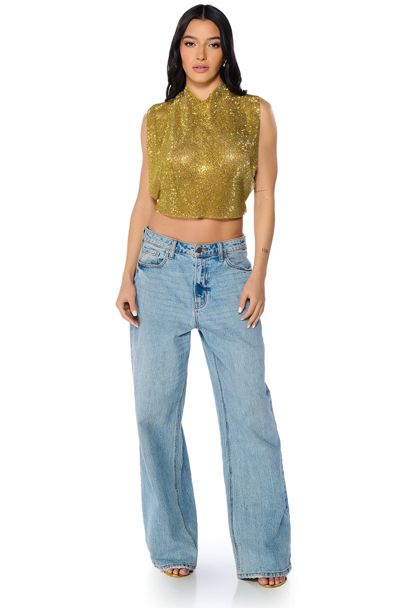 GLISTEN OPEN BACK RHINESTONE CHAIN MAIL TOP IN GOLD