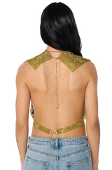 GLISTEN OPEN BACK RHINESTONE CHAIN MAIL TOP IN GOLD