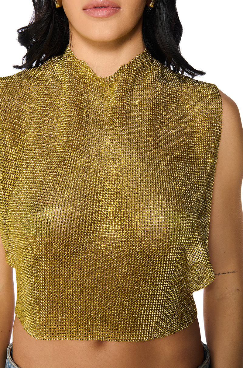 GLISTEN OPEN BACK RHINESTONE CHAIN MAIL TOP IN GOLD